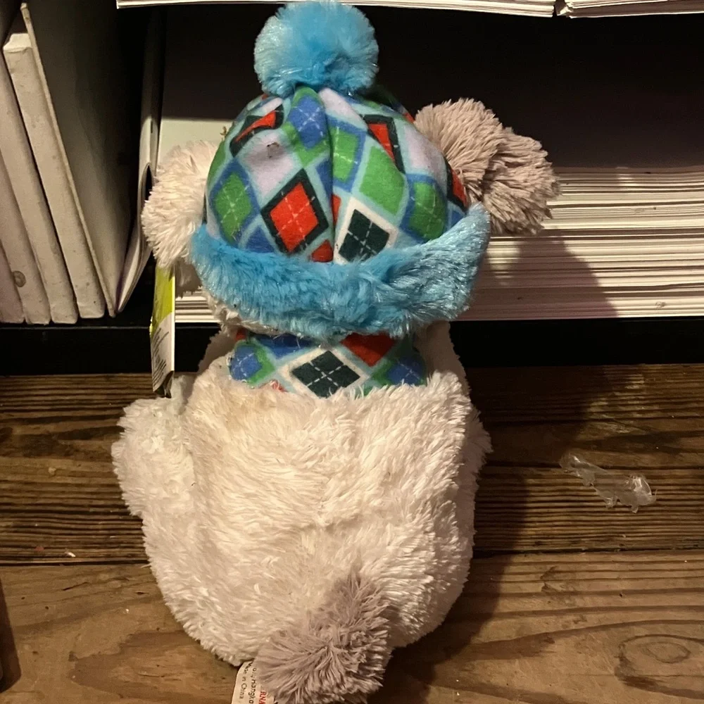 Cozy Plush Dog Toy with Blue Hat and Scarf